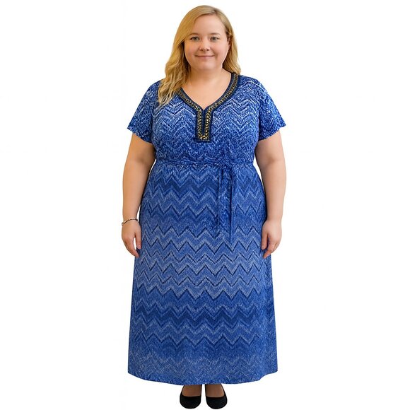 NY Collection Beaded Self Tie Blue Maxi Dress 1X Petite - Picture 1 of 9